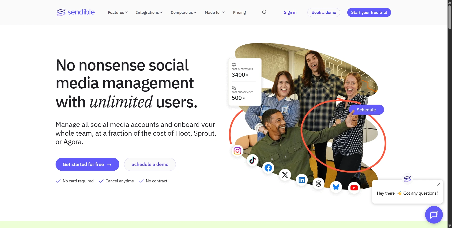 Sendible website presenting social media management for agencies and brands