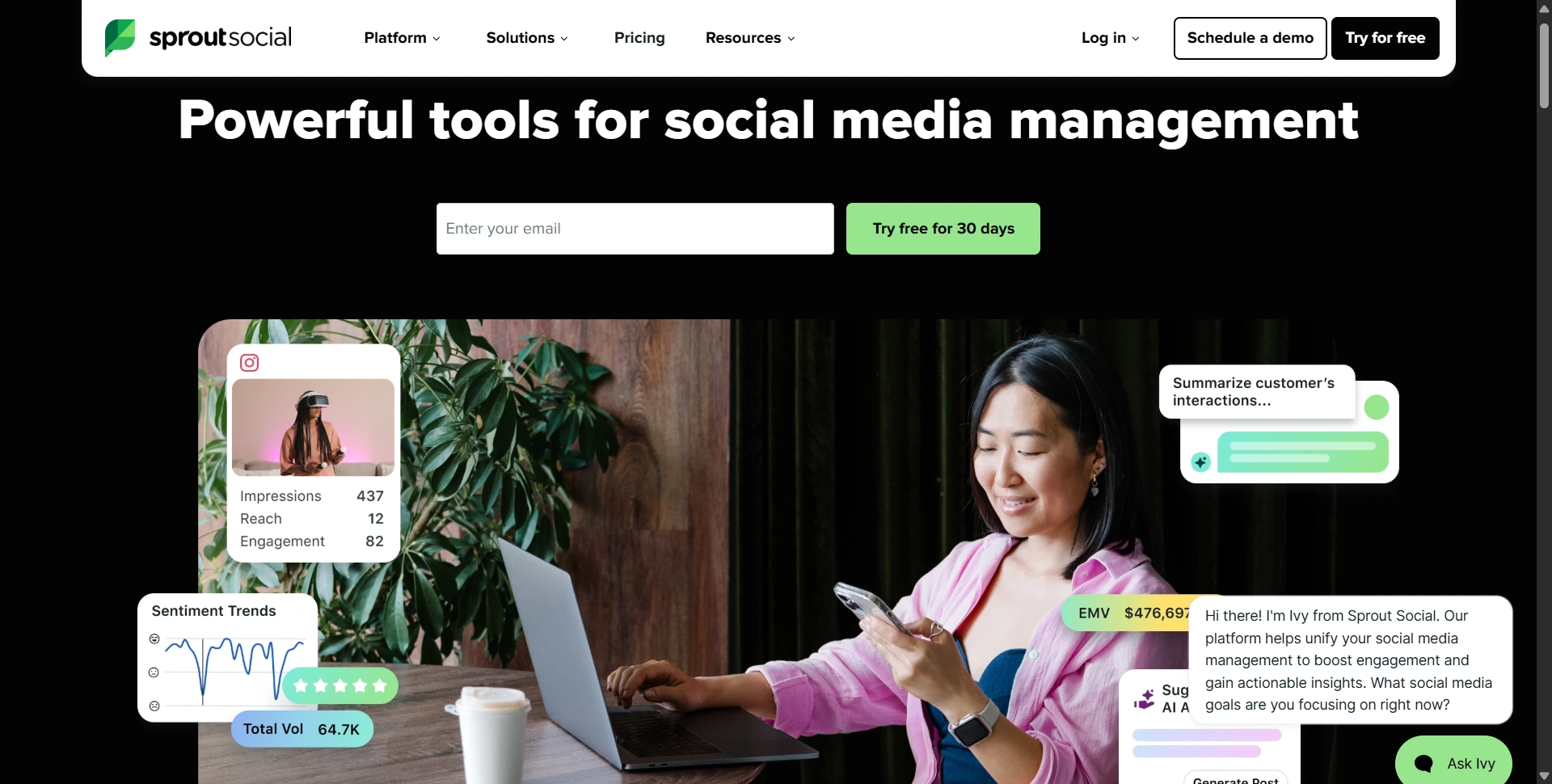 Sprout Social website introducing its social media management platform