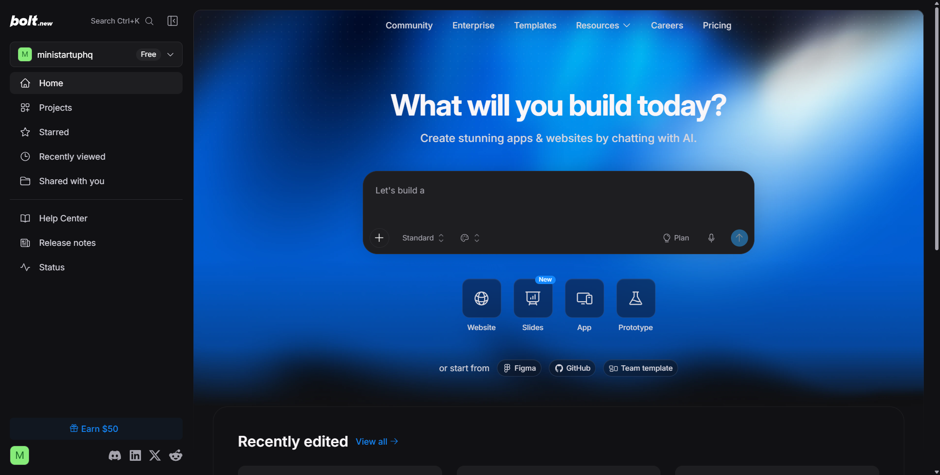 Bolt.new AI app builder — build mode selection screen