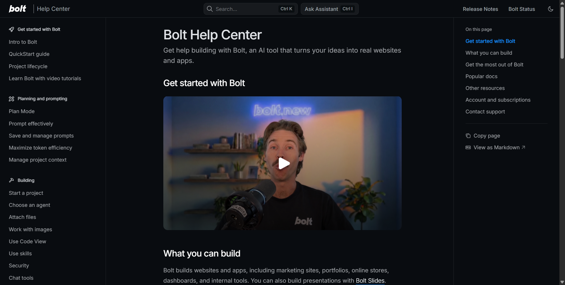 Bolt.new support center — help documentation and video tutorials
