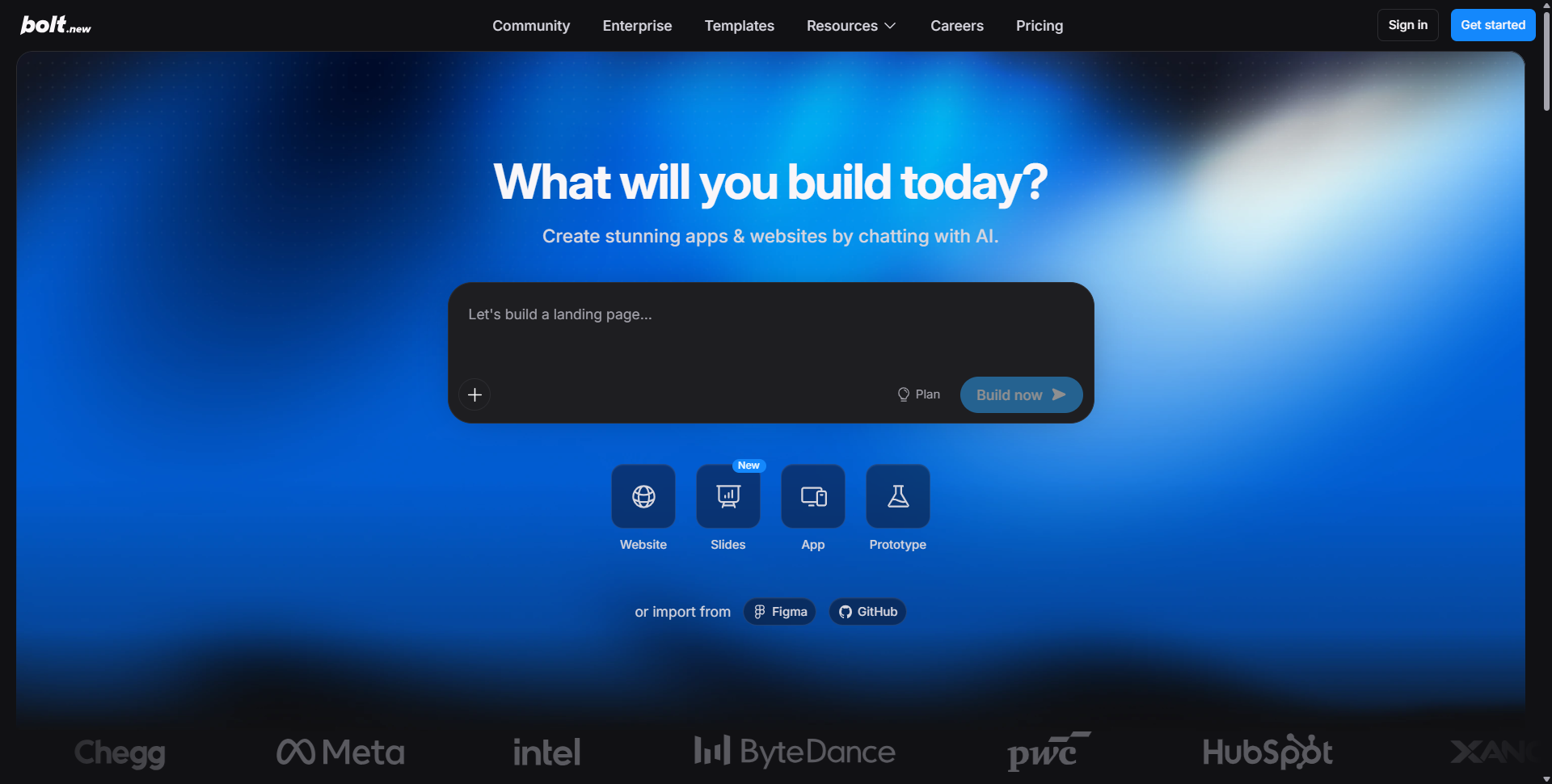 Bolt.new AI app builder — homepage with enterprise customer logos