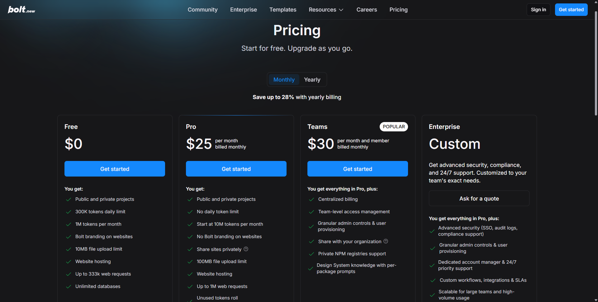 Bolt.new pricing — Free, Pro, Teams, Enterprise plans
