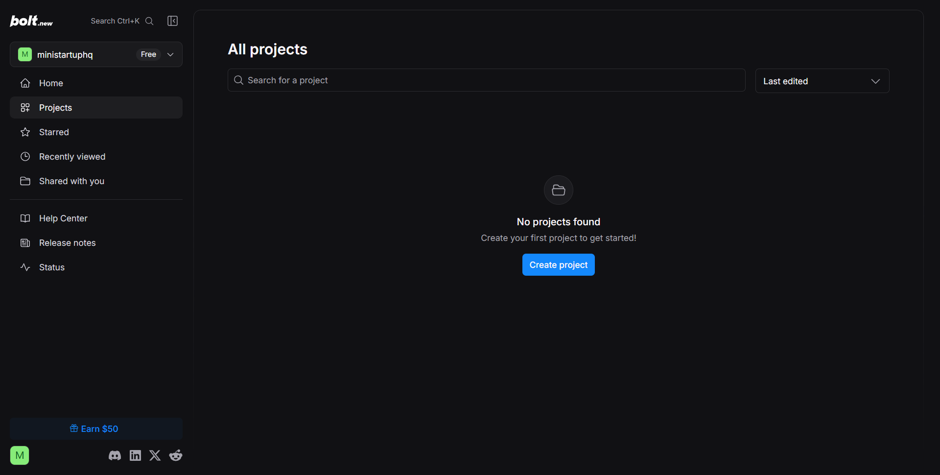 Bolt.new dashboard — new account project list