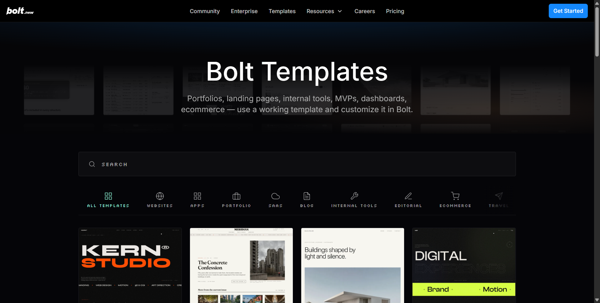 Bolt.new templates library — portfolio and website templates