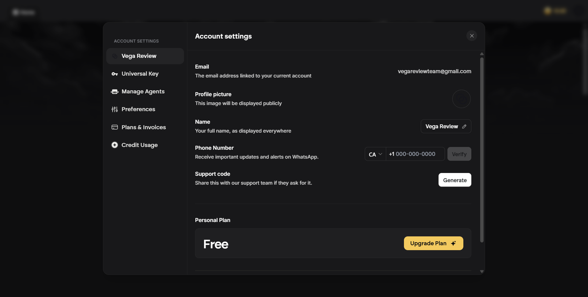 Emergent.sh account settings, Free plan and upgrade option