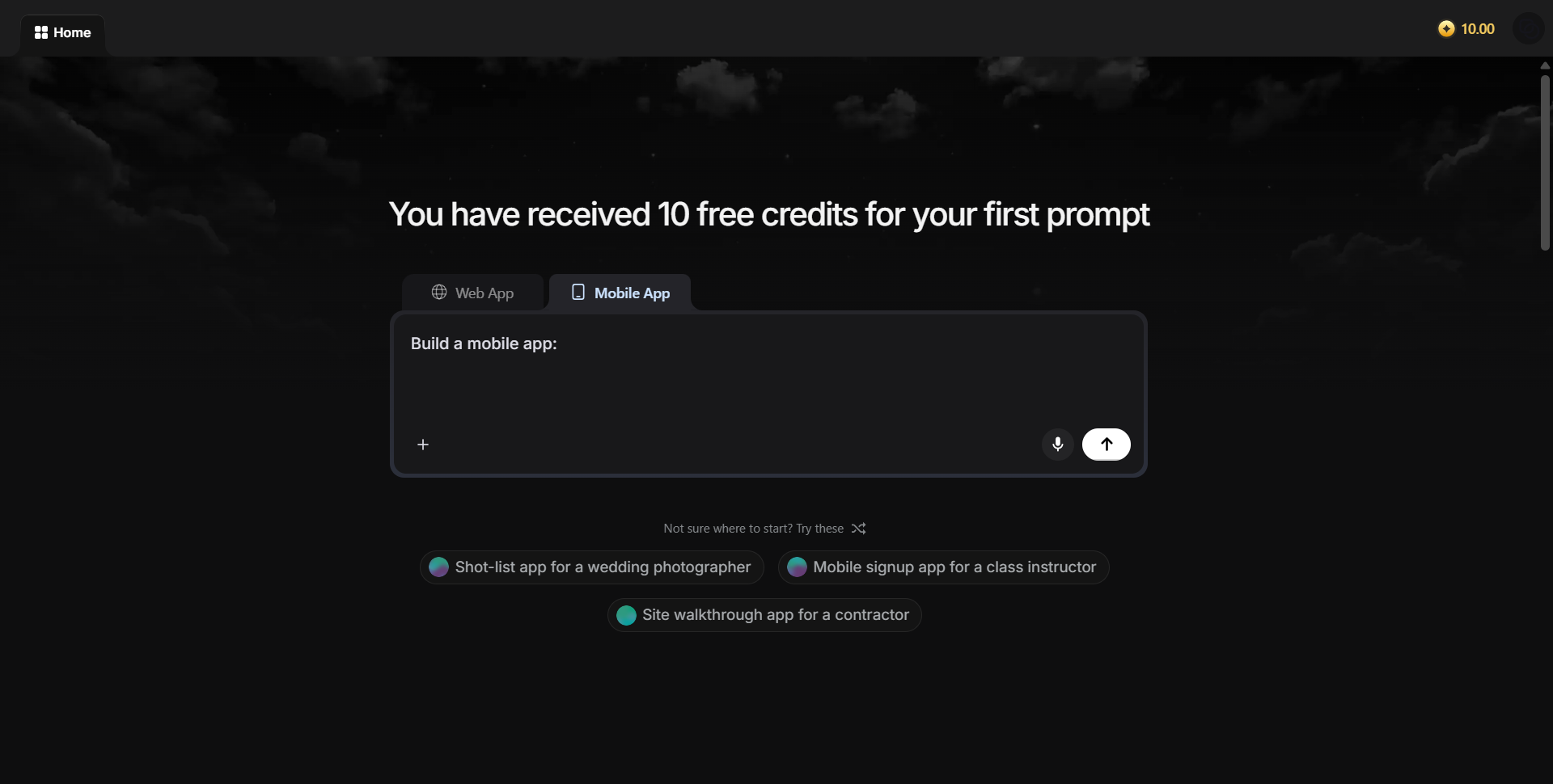 Emergent.sh AI app builder, first prompt screen with credit balance