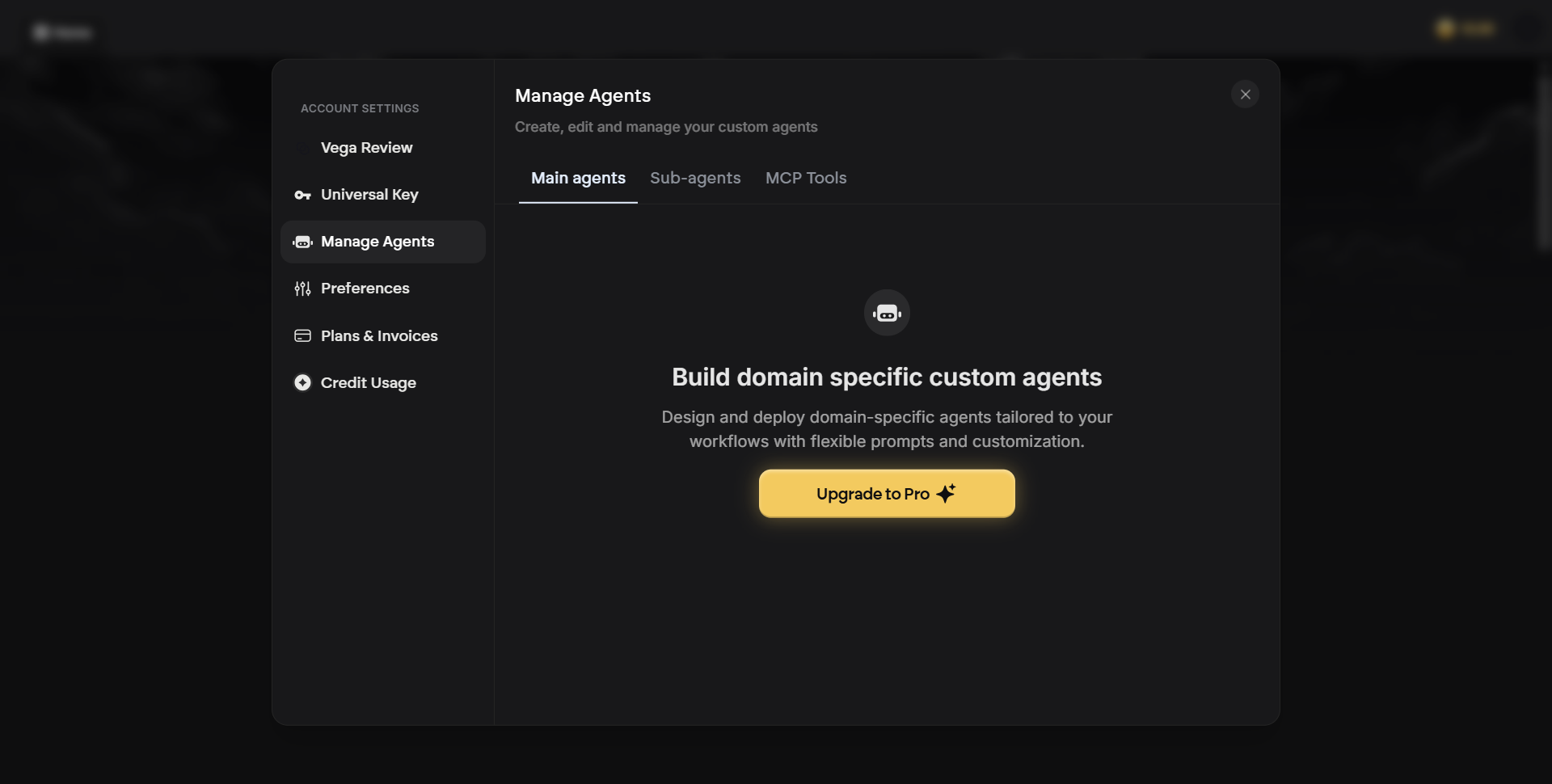 Emergent.sh custom agents, Pro plan feature panel