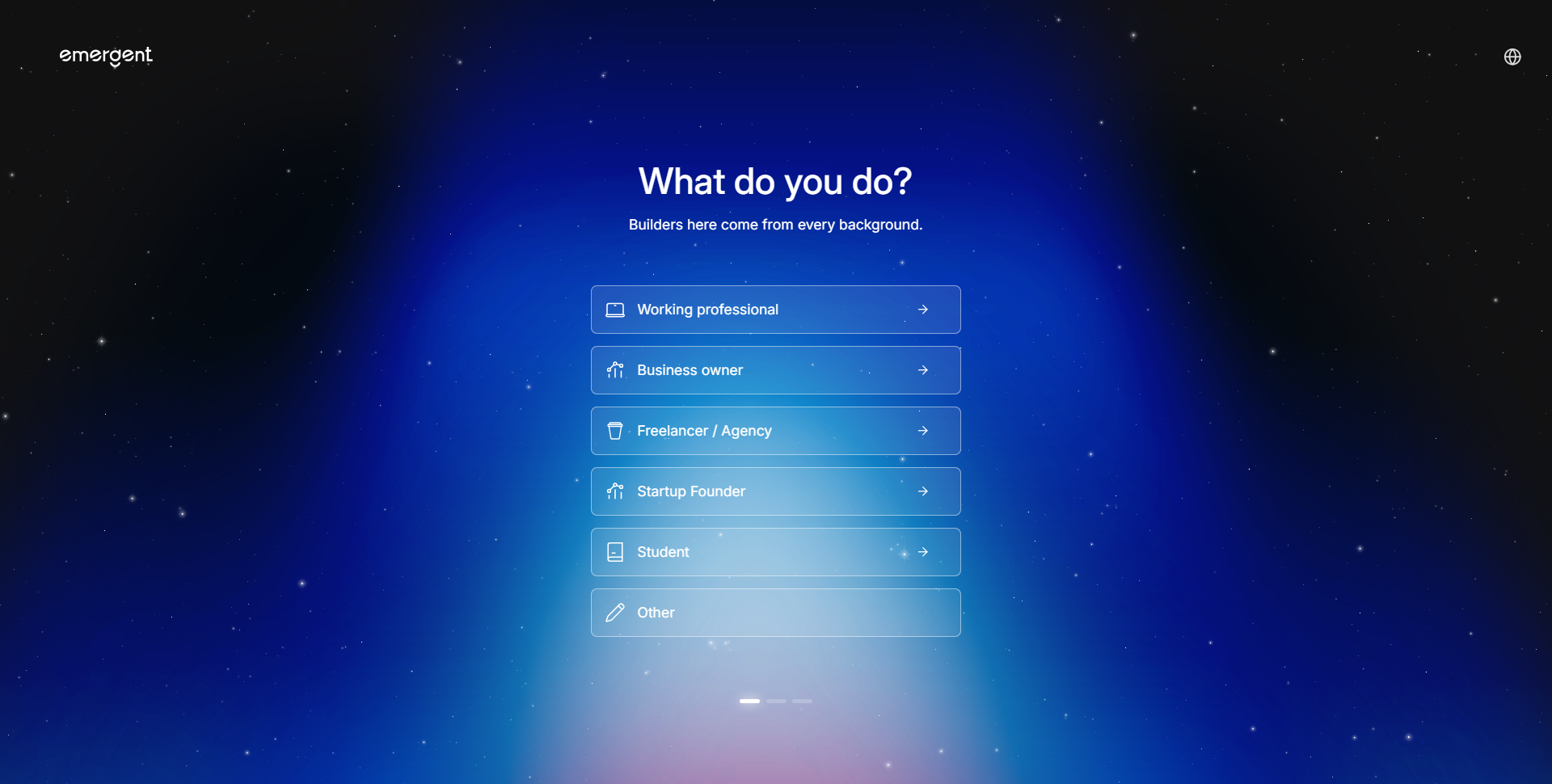 Emergent.sh onboarding, user role selection screen