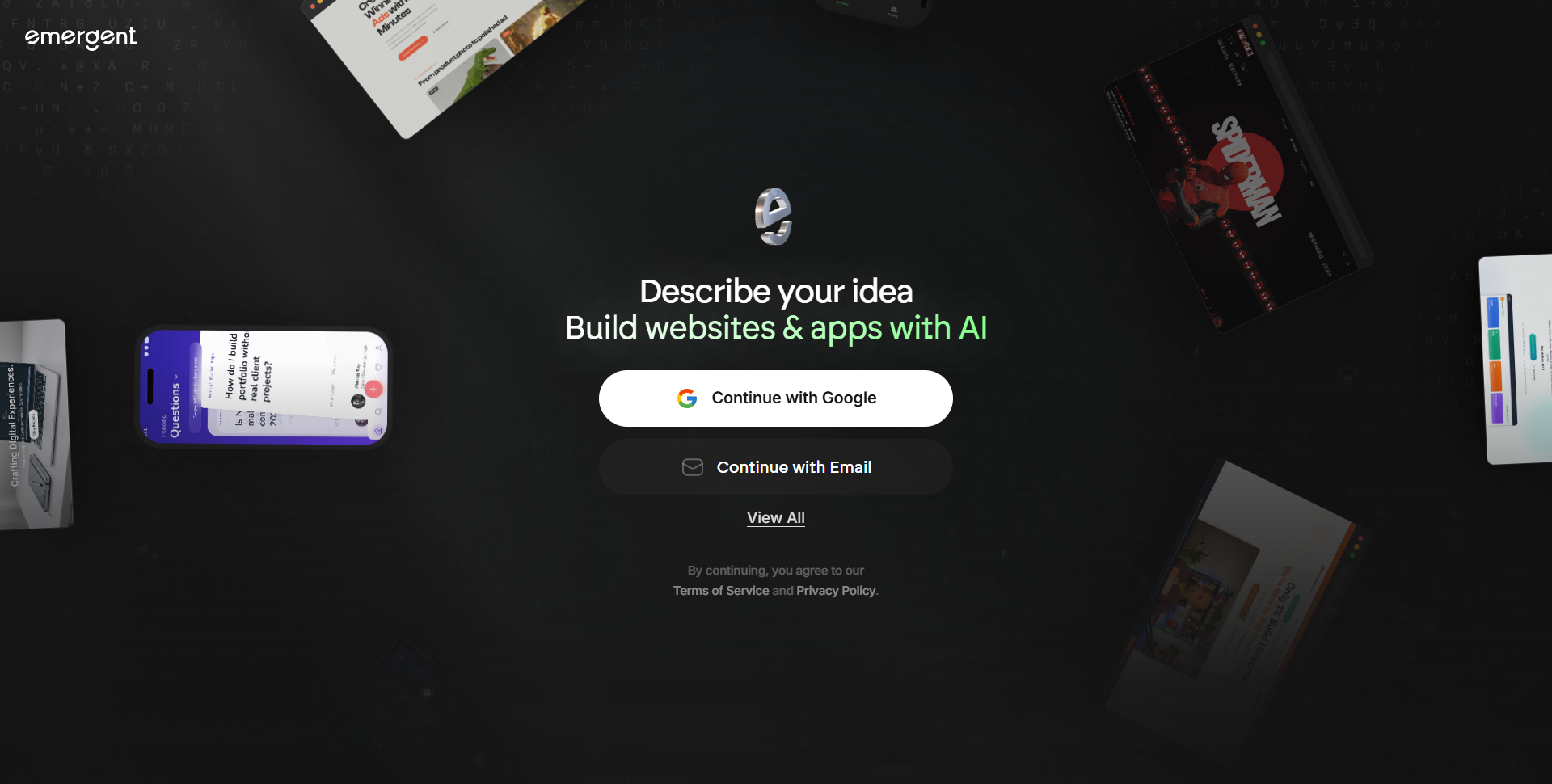 Emergent.sh AI app builder, signup and onboarding screen