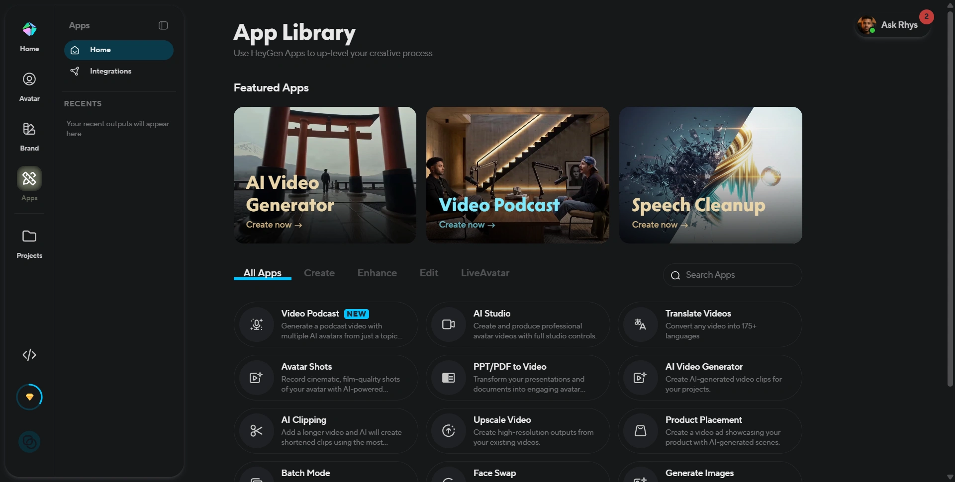 HeyGen's built-in AI app library includes tools for creating, editing, translating and enhancing video