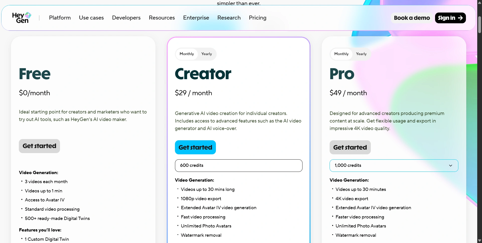 HeyGen pricing plans, including Free, Creator and Pro
