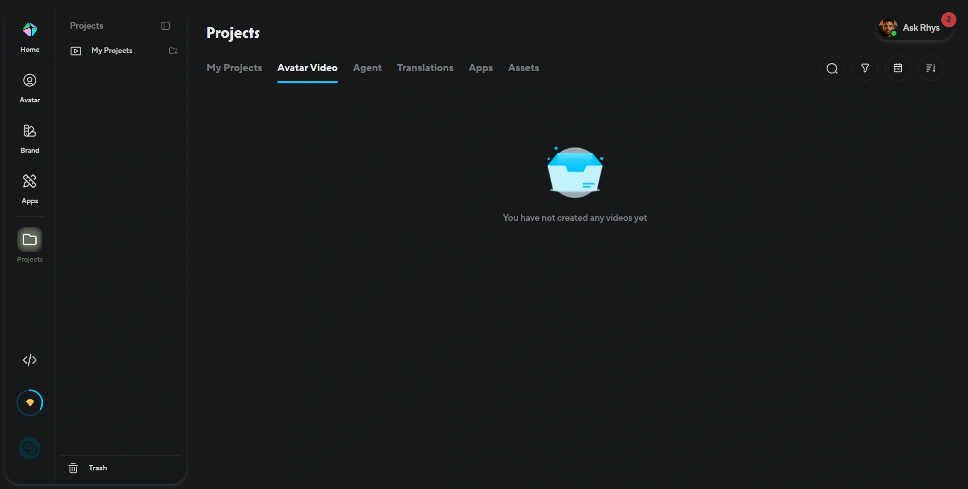 HeyGen's Projects area, organized by Avatar Video, Agent, Translations and Apps
