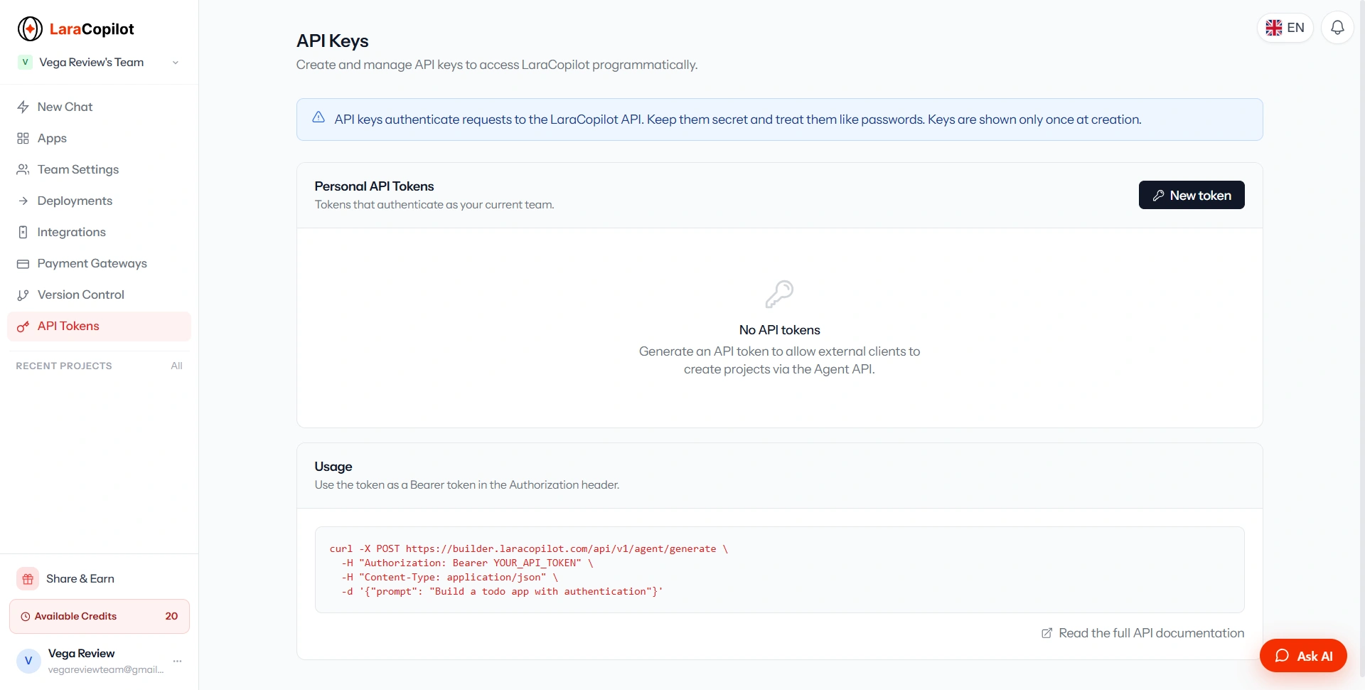 LaraCopilot API Keys — create personal API tokens for the Agent API