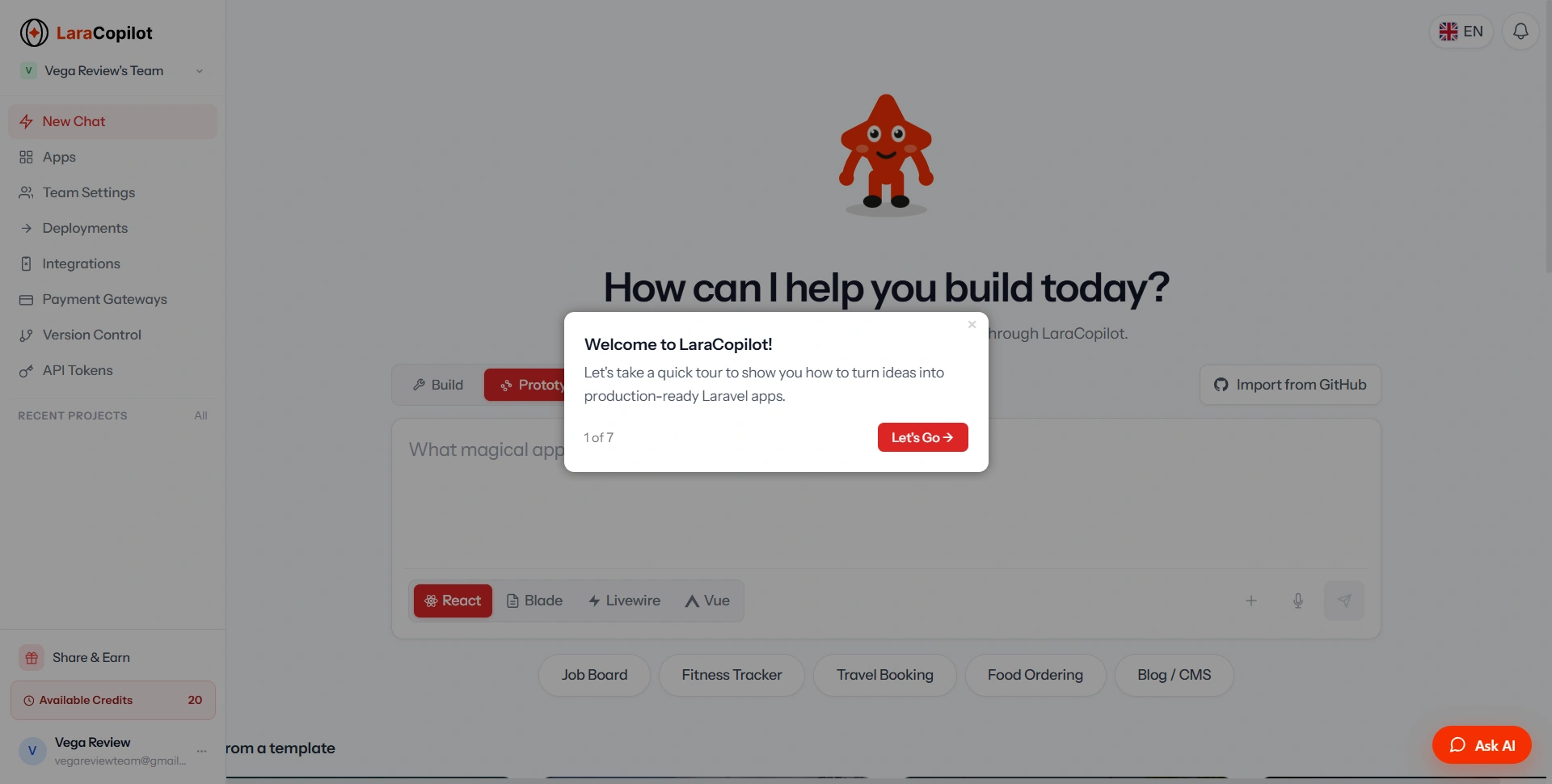 LaraCopilot builder — new chat prompt with framework stack picker