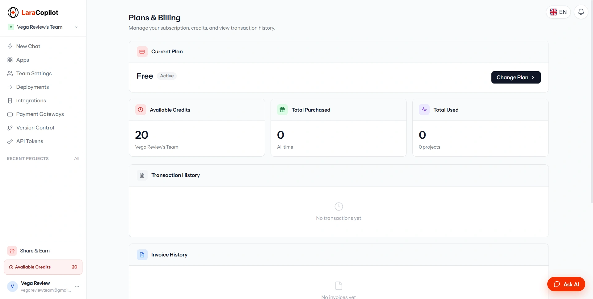 LaraCopilot Plans & Billing — available credits and transaction history