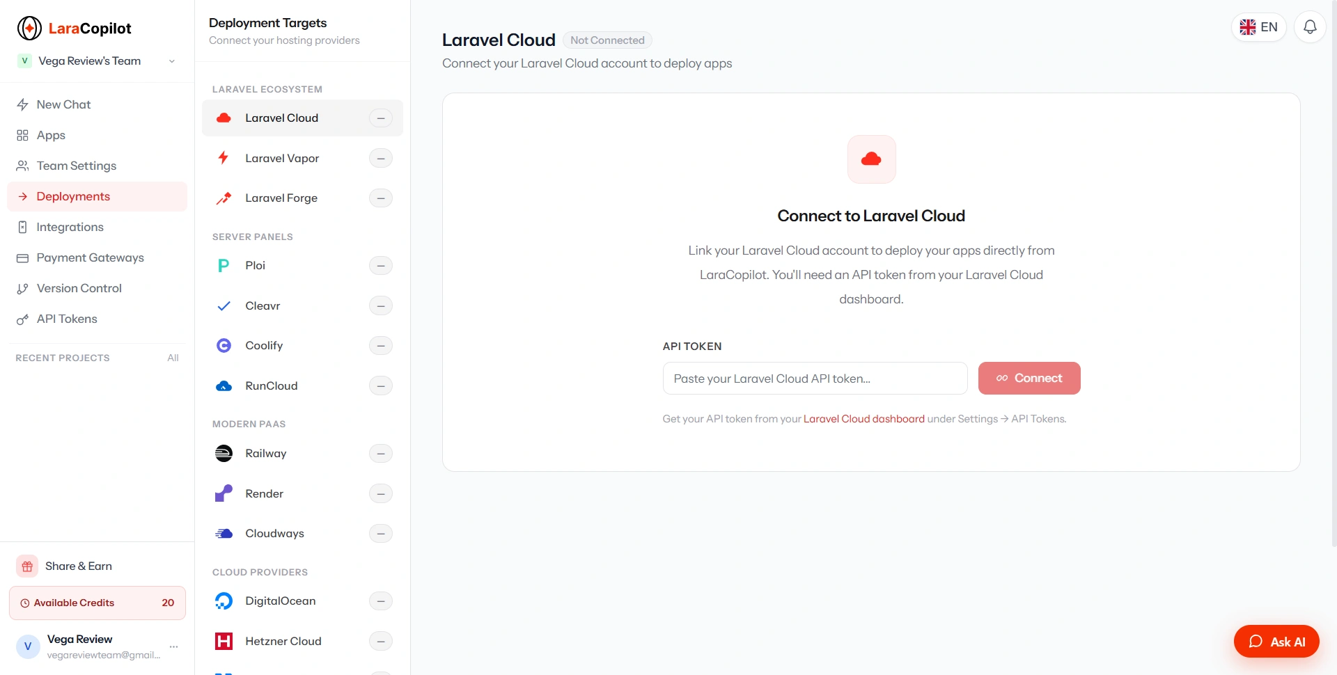 LaraCopilot Deployment Targets — Laravel Cloud, Vapor, Forge, and more hosting providers
