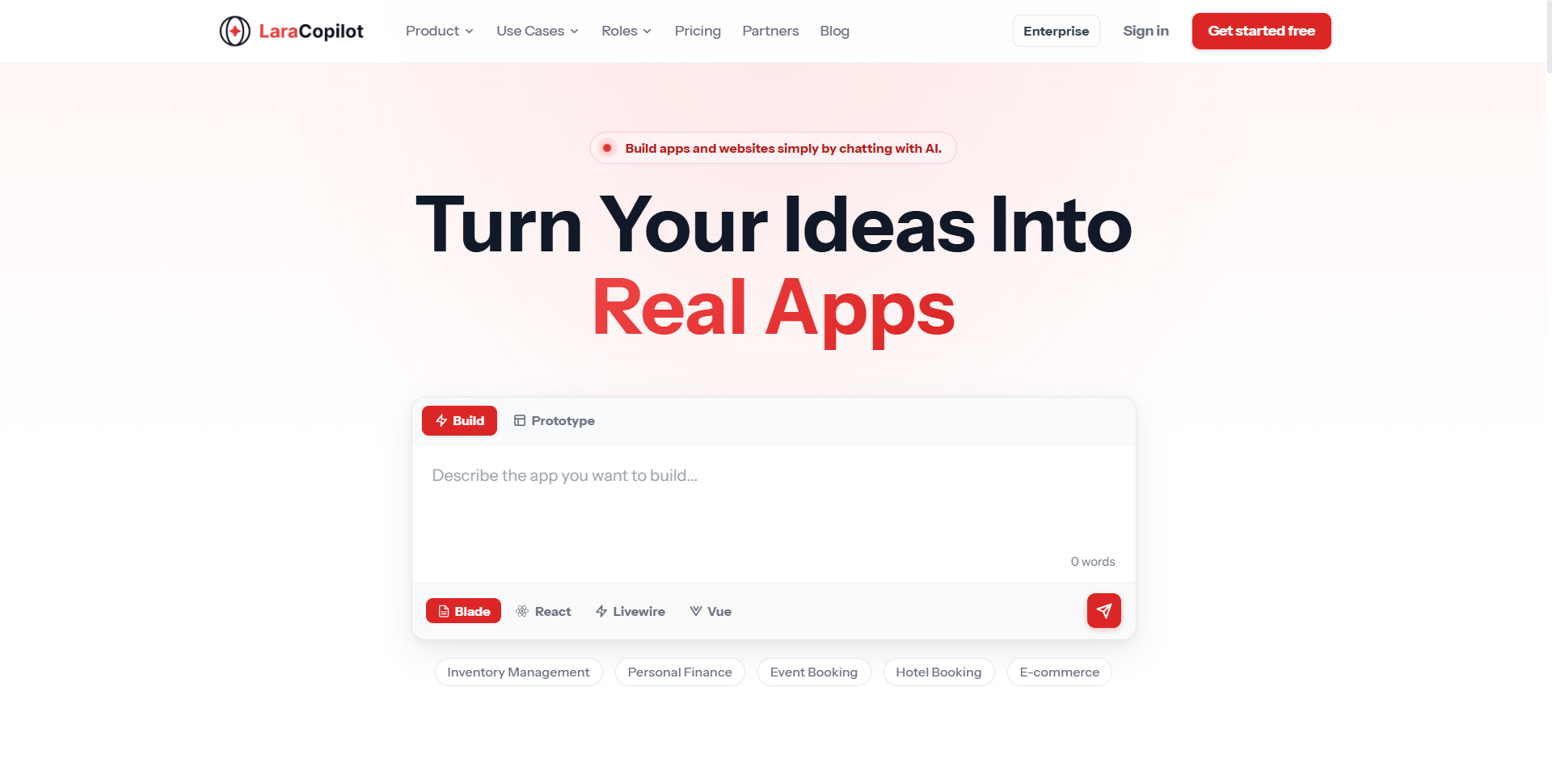 LaraCopilot homepage — describe an app and generate it with Blade, React, Livewire or Vue
