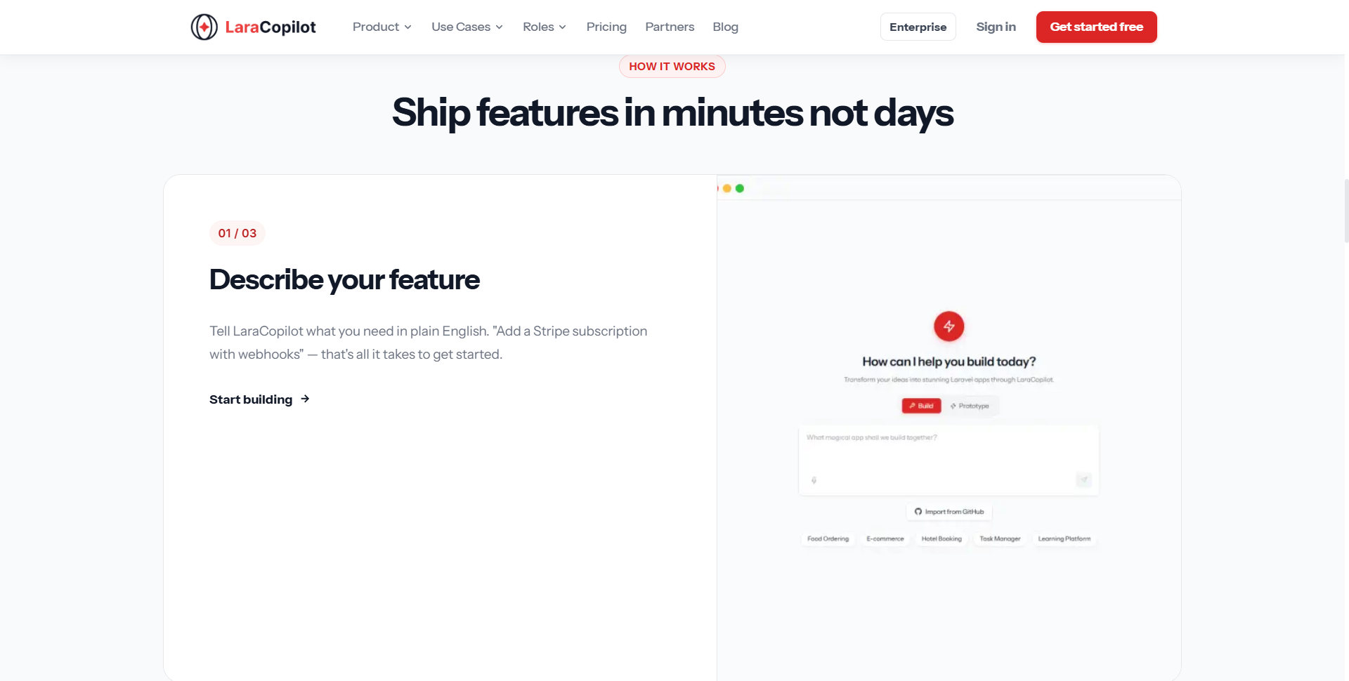 LaraCopilot how-it-works — describe a feature, generate it, ship it