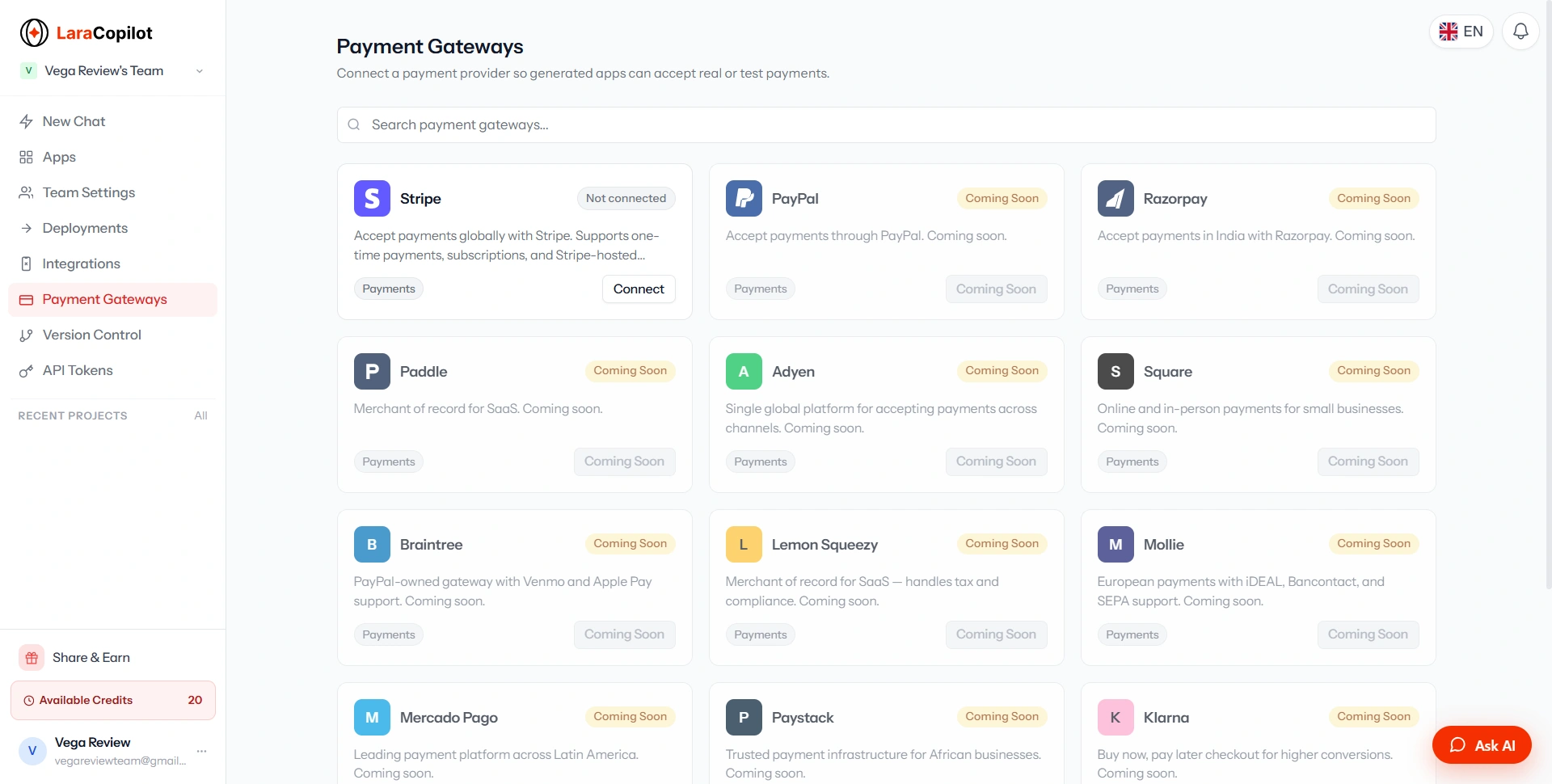 LaraCopilot Payment Gateways — Stripe available, PayPal and others coming soon