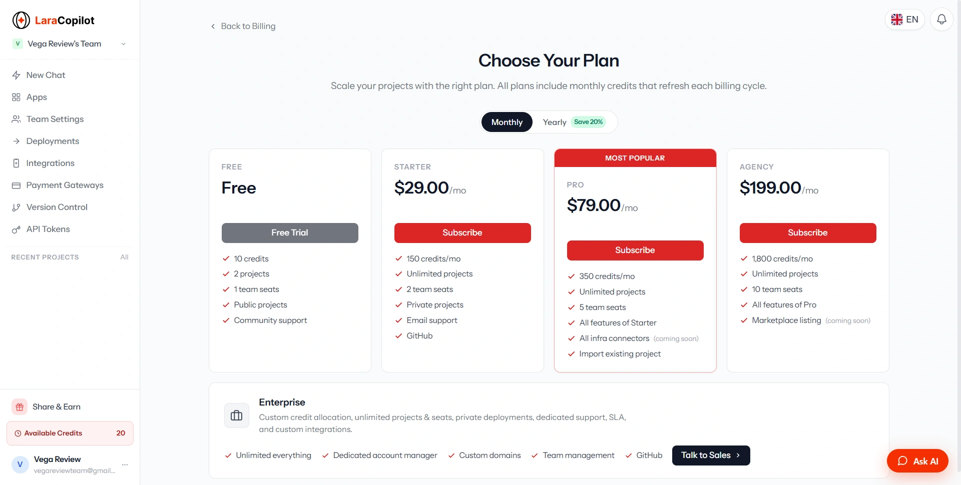 LaraCopilot pricing — Free, Starter, Pro and Agency plans