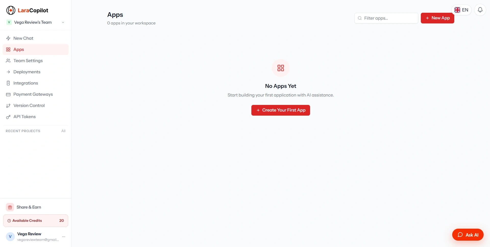 LaraCopilot Apps dashboard — no apps yet, create your first app