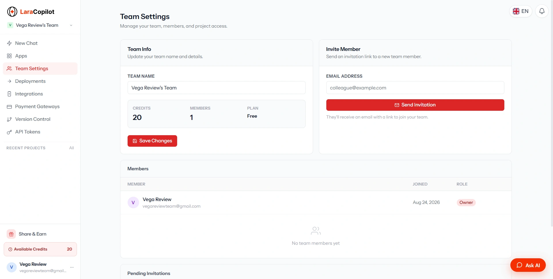 LaraCopilot Team Settings — invite members and manage roles