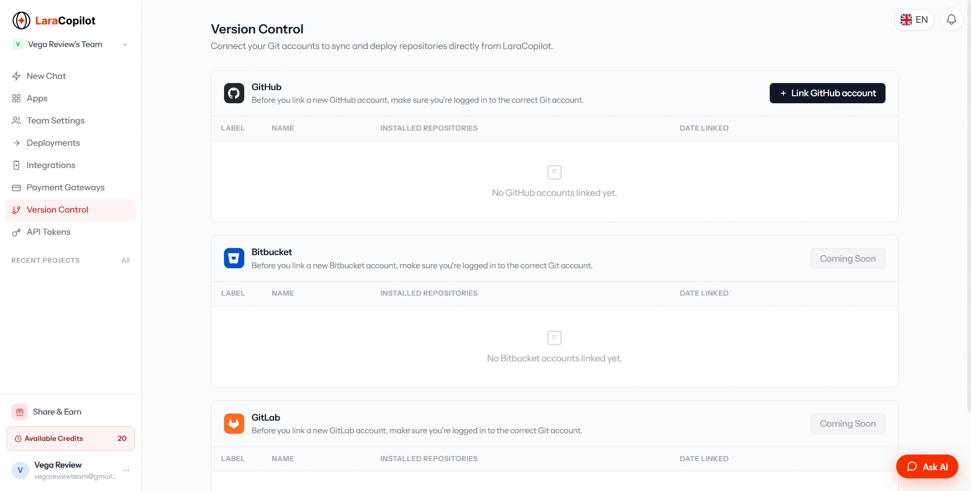 LaraCopilot Version Control — GitHub connected, Bitbucket and GitLab coming soon