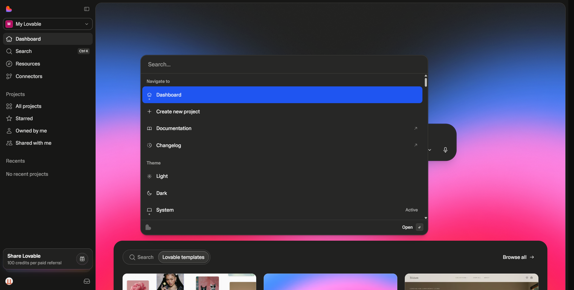 Lovable dashboard — command palette navigation