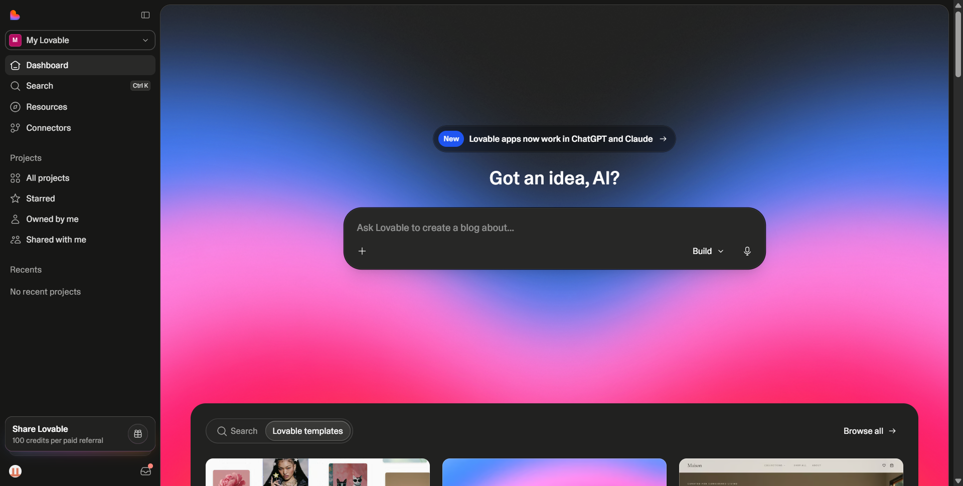 Lovable AI app builder — dashboard build prompt