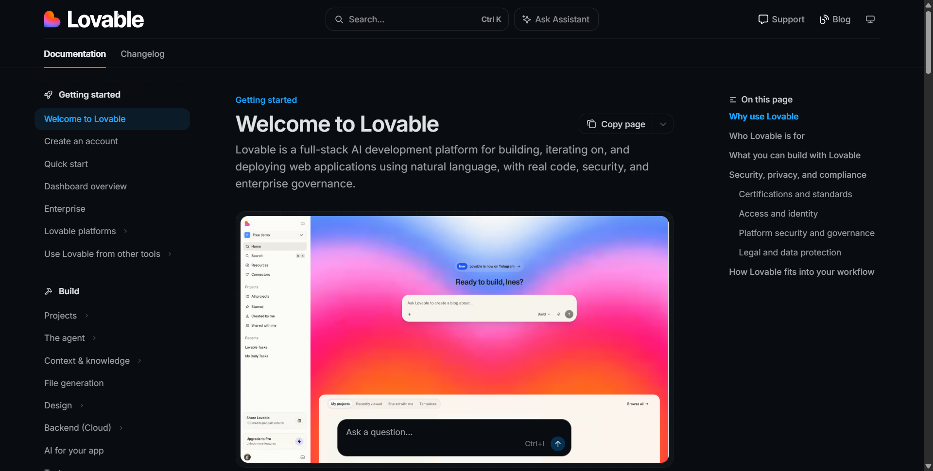 Lovable documentation — "Welcome to Lovable" getting started page