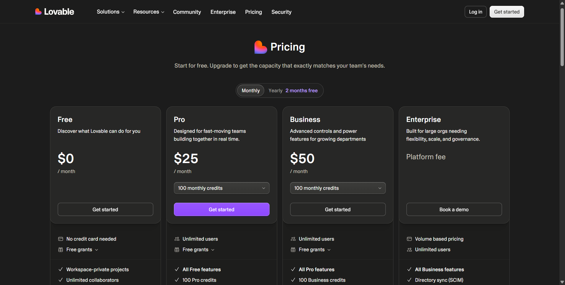 Lovable pricing — Free, Pro, Business, Enterprise plans