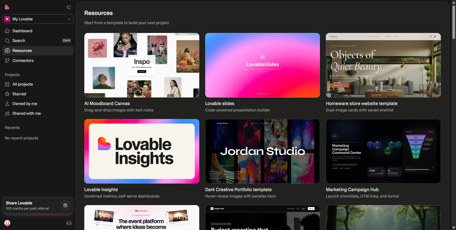 Lovable AI app builder — resource templates gallery