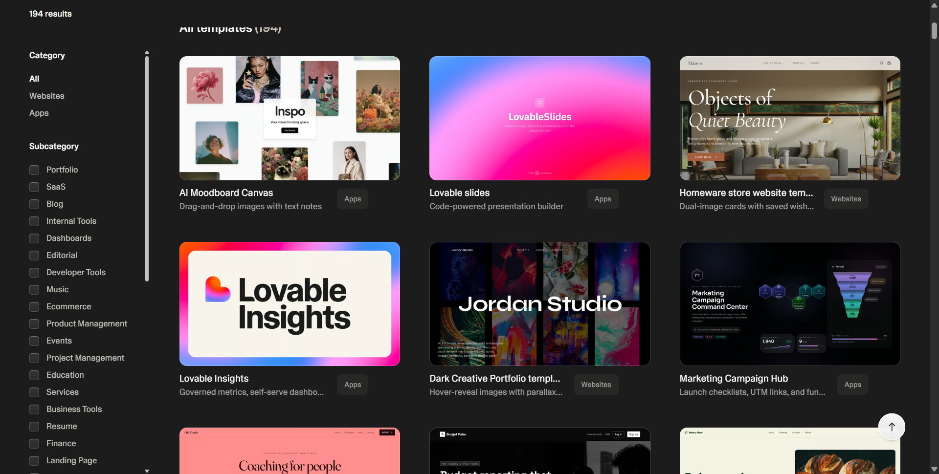 Lovable templates library — categories and results