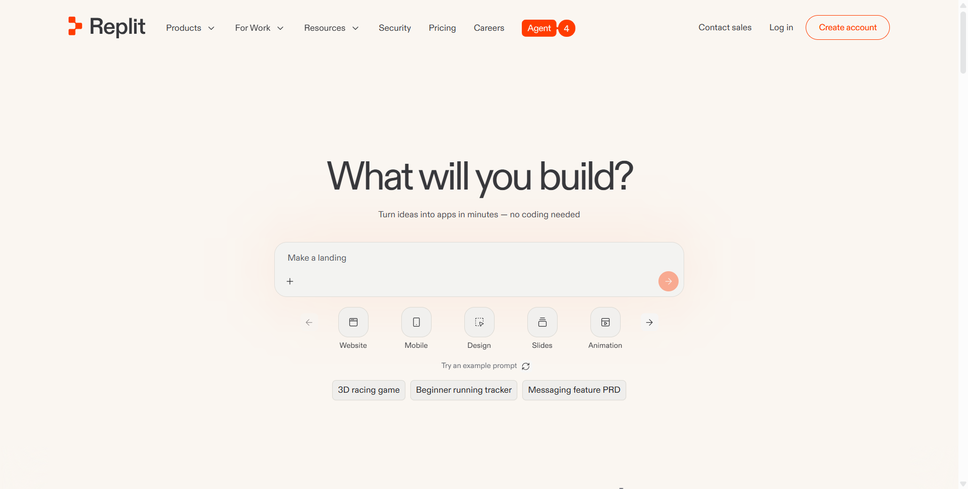 Replit AI software platform, homepage prompt interface
