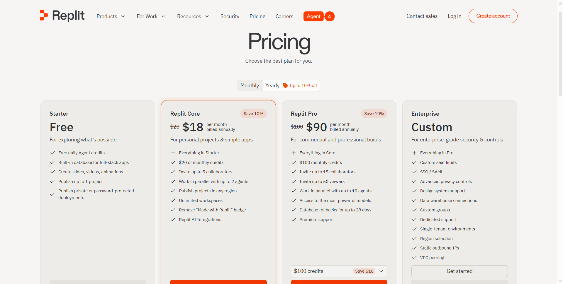 Replit pricing, Starter, Core, Pro, Enterprise plans