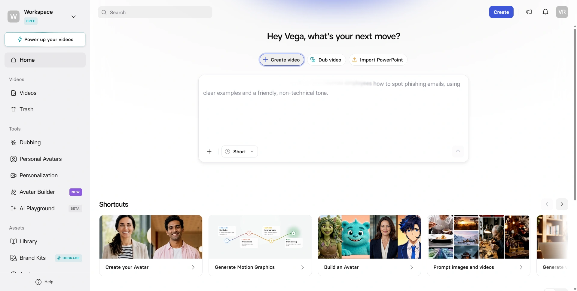 Inside Synthesia's dashboard: create a video, dub a video, or import a PowerPoint