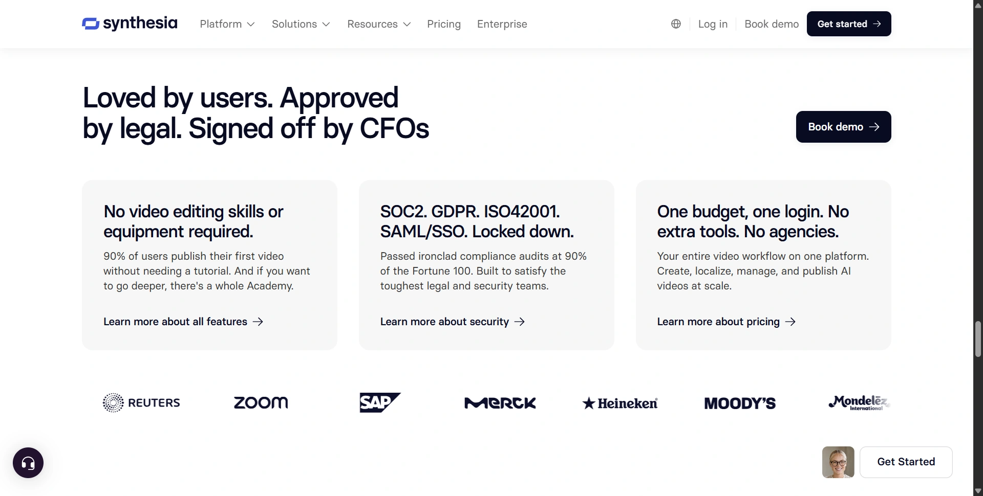 Synthesia is trusted by Fortune 100 companies like SAP, Merck, Heineken and Moody's, with SOC2, GDPR and SSO compliance