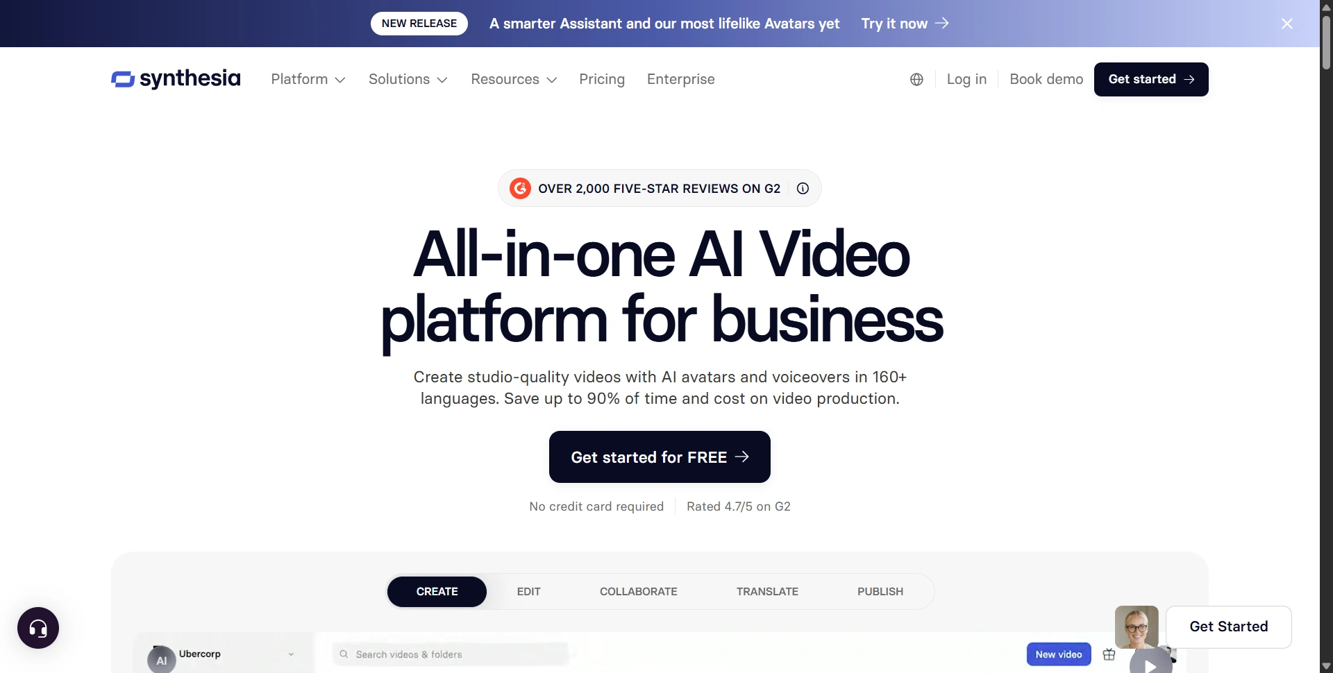 Synthesia homepage: an all-in-one AI video platform for business