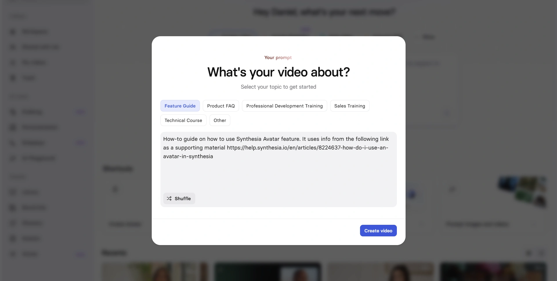 Synthesia's prompt-based video creator, with templates for feature guides, FAQs and training
