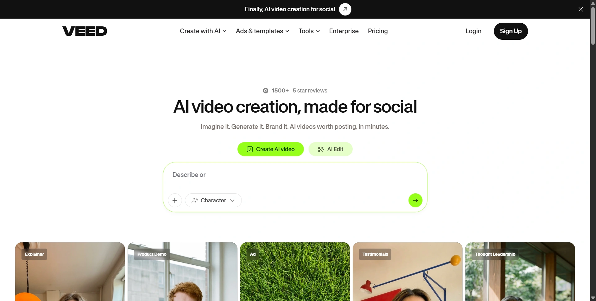 VEED homepage: AI video creation made for social