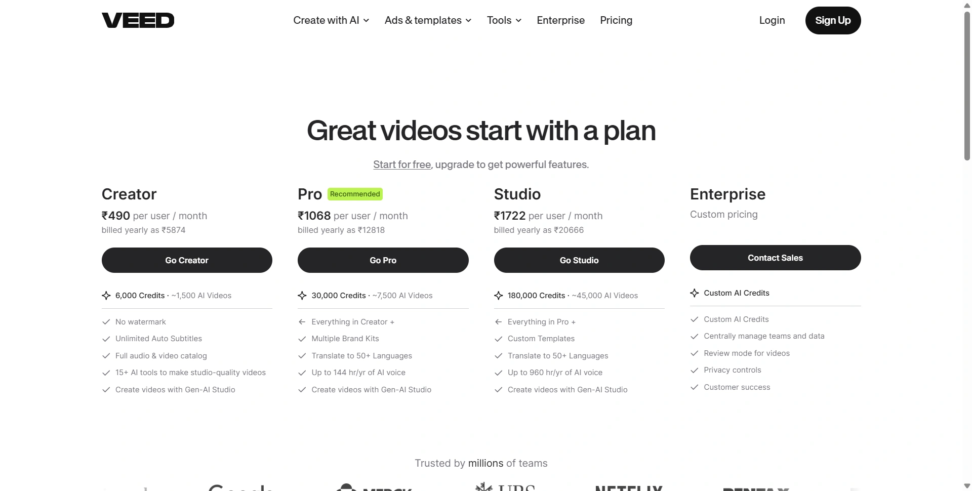 VEED pricing: Creator, Pro, Studio and Enterprise plans in INR